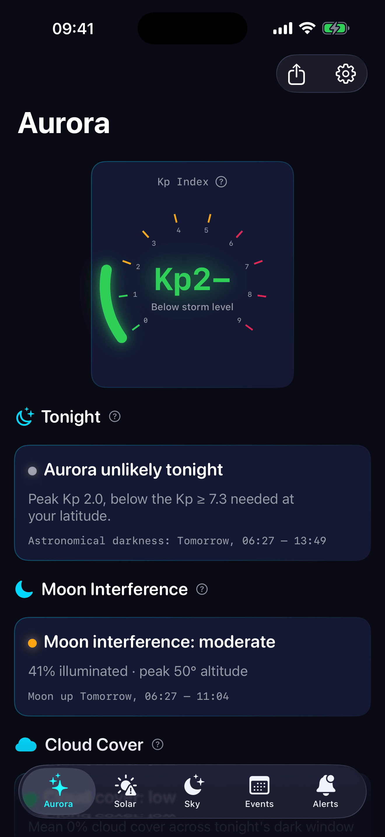 Astraflare Aurora tab — live Kp index with tonight's visibility verdict