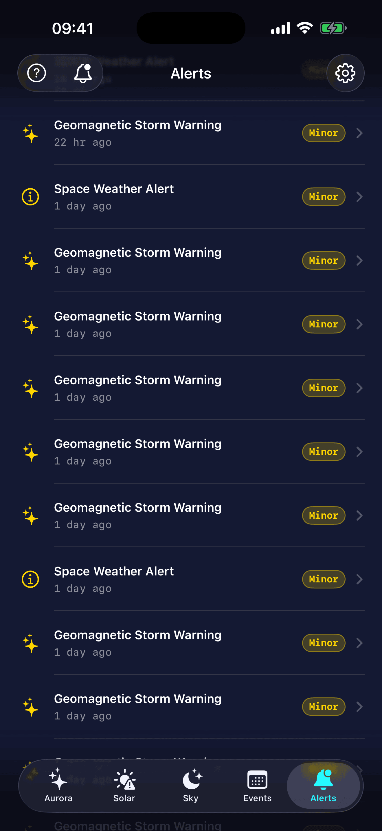 Alerts tab with a running list of SWPC space-weather bulletins