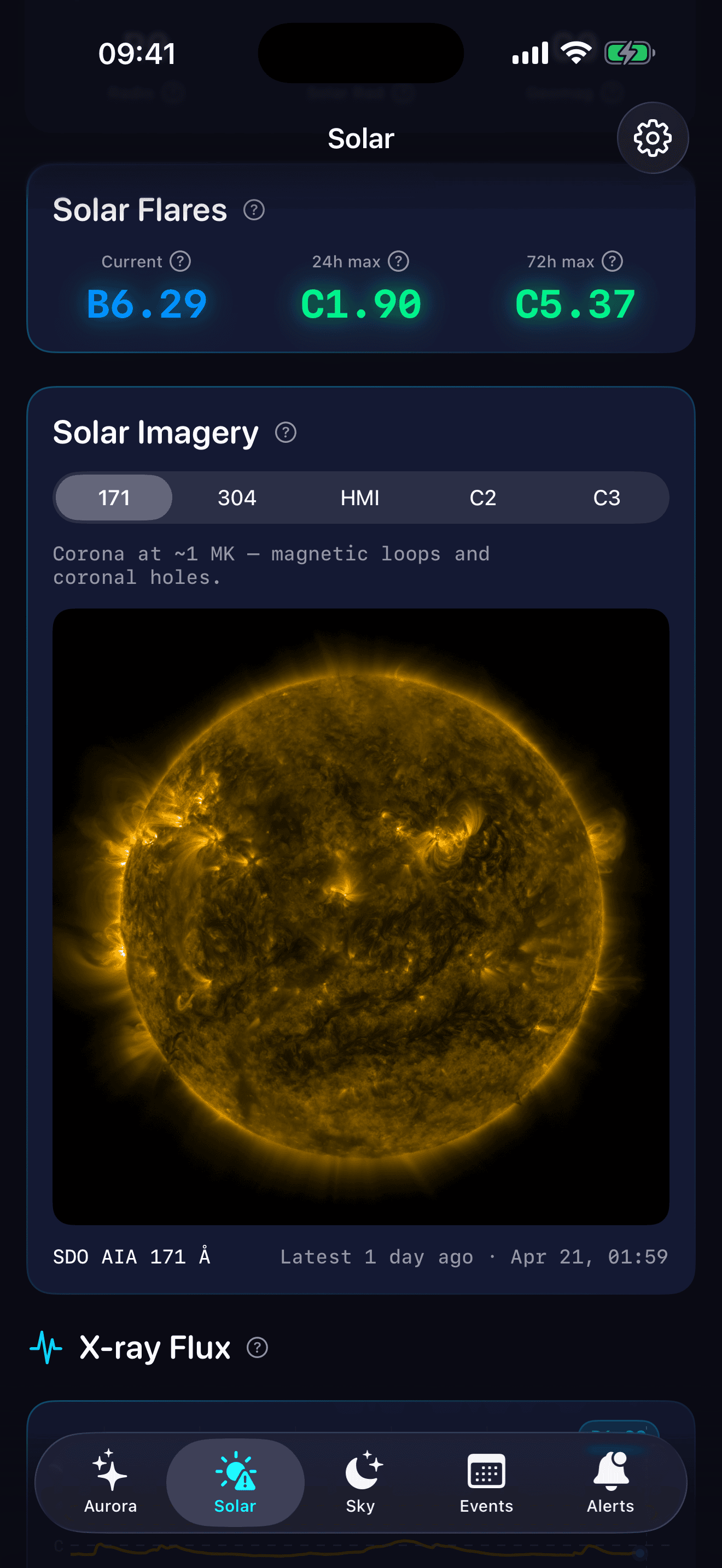 Solar tab showing SDO AIA 171 imagery and flare summary