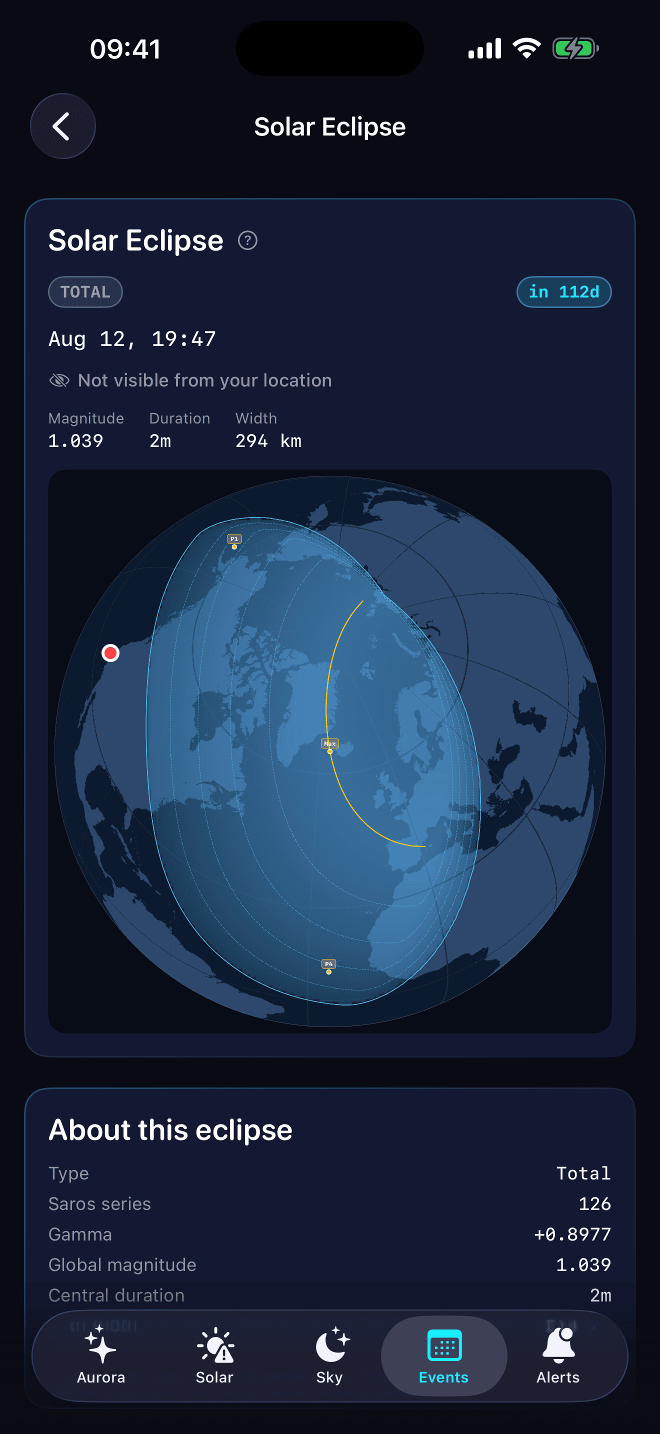 Solar eclipse detail showing path of totality on a rotating globe