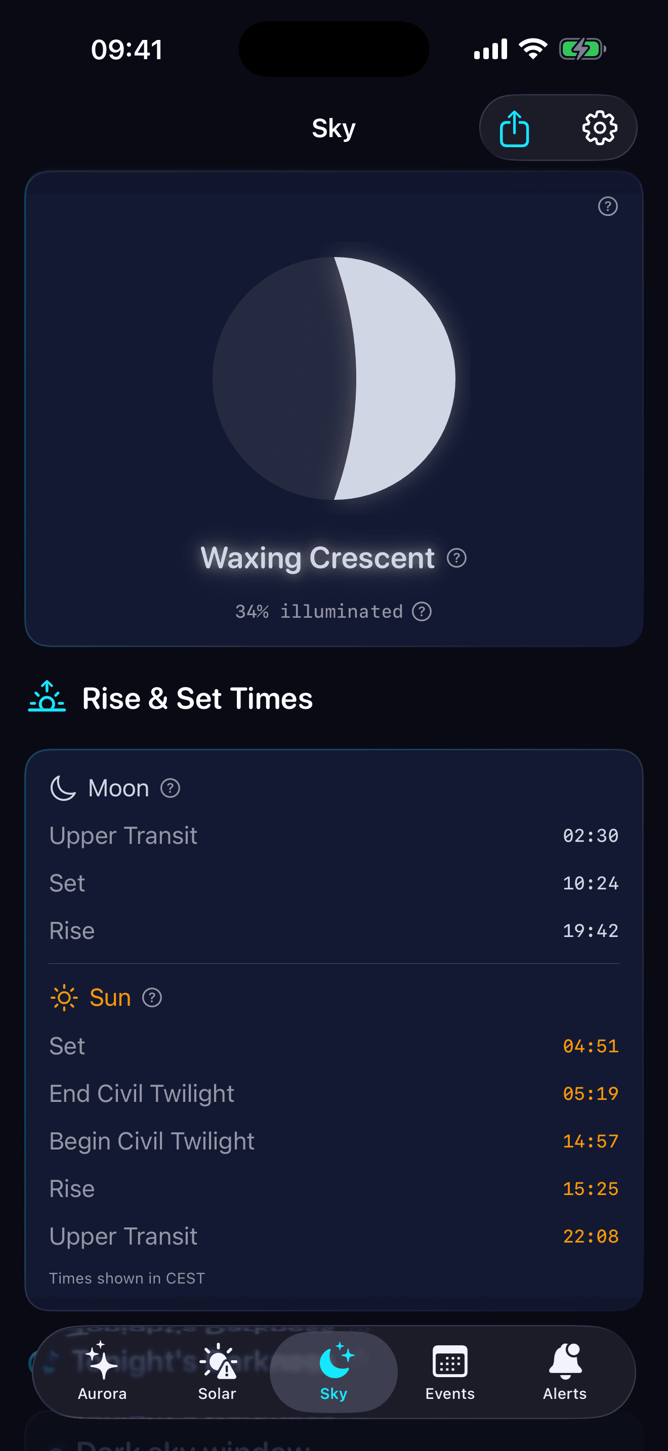 Sky tab with moon phase and rise/set times for moon and sun