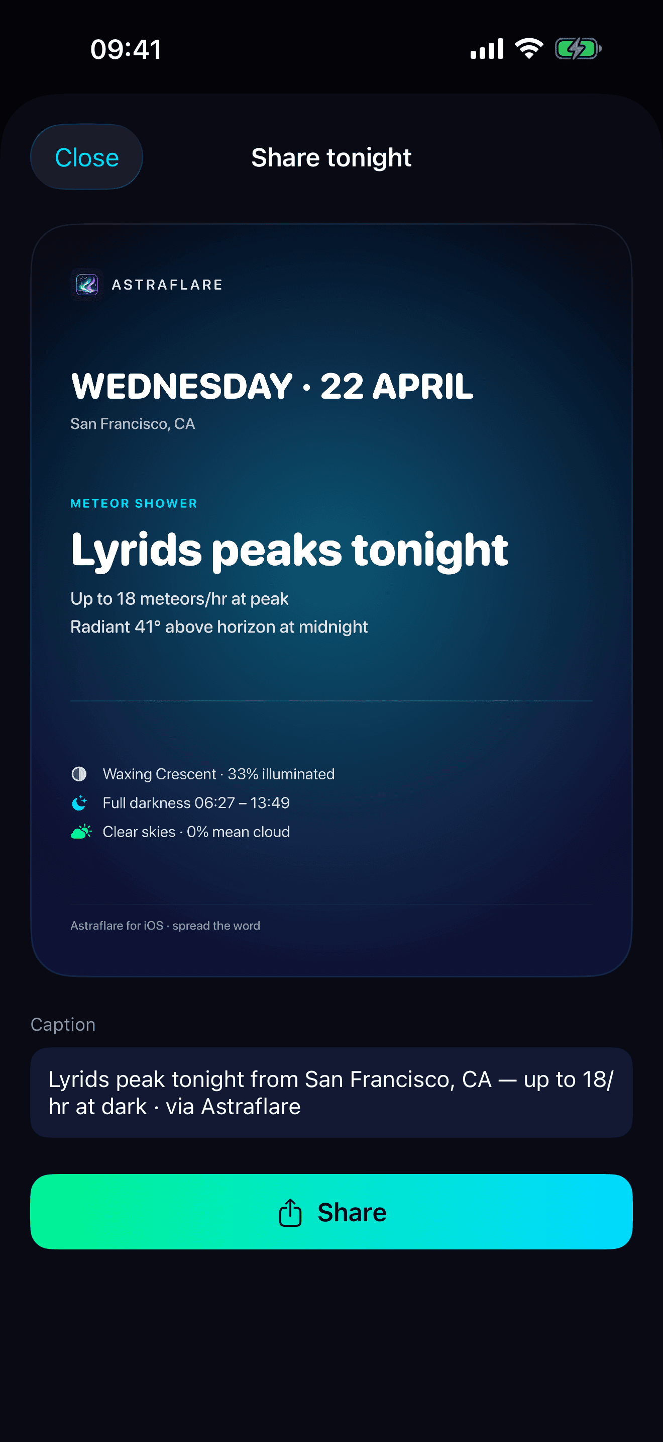 Share Tonight card featuring a Lyrids peak announcement